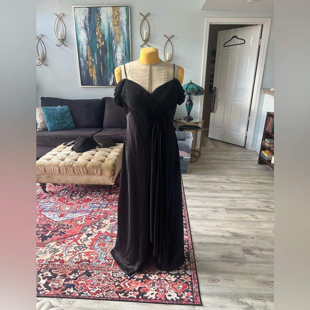 Black off the shoulders prom formal dress slit spaghetti straps Alex Evenings